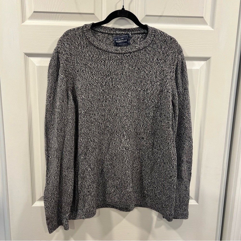 Topman Marled Knit Crewneck Pullover Sweater Size Large Black White Long Sleeve